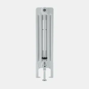 End view of a white Florence 5 Column steel radiator on feet, with a chrome valve and black-ringed head at the base and a bleed valve at the top.