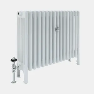 White Florence 5 Column steel radiator on feet, angled, with a chrome valve with black wheel head and a central wall stay, on a plain background.
