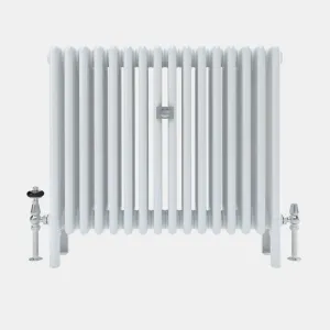 Florence 5 Column steel radiator in white on feet, with a chrome thermostatic valve and lockshield valve, on a plain grey background.