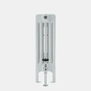 Side view of a white Florence 5 Column steel radiator on feet, with a chrome valve and black collar at the base and a bleed valve at the top.