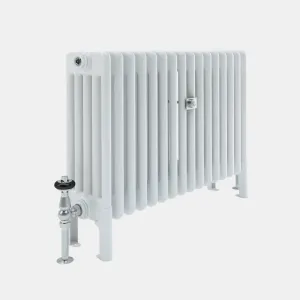 Plain white Florence 5 Column steel radiator on feet, with a chrome angled valve and a wall stay, on a light grey background.