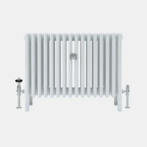Plain white Florence 5 Column steel radiator on feet, with chrome thermostatic and manual valves and a central wall stay, front view.