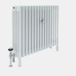 Plain white Florence 5 Column steel column radiator on feet, angled view, with a chrome valve and black head and a central wall stay.