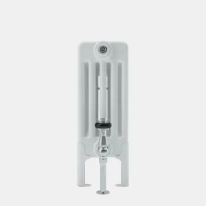 End view of a white Florence 5 Column steel radiator on floor-mounted feet, with a chrome valve and black collar below a bleed plug.