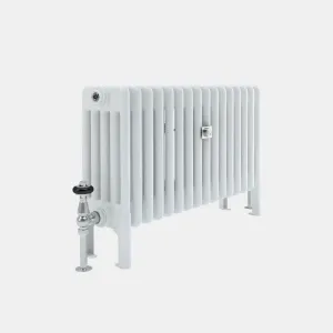 Florence 5 Column plain steel column radiator in white on feet, with a chrome valve and black-ringed head on the left and a chrome wall stay.