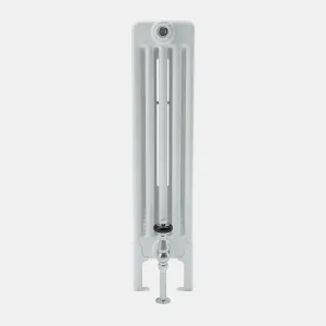 End view of a white Florence 5 column steel radiator on feet, with a chrome angled valve at the base and a bleed valve at the top.