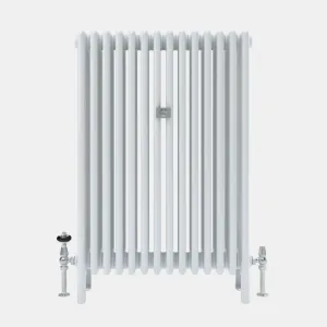 Florence 5 Column plain steel column radiator in white on feet, with chrome thermostatic and lockshield valves and a central wall stay.