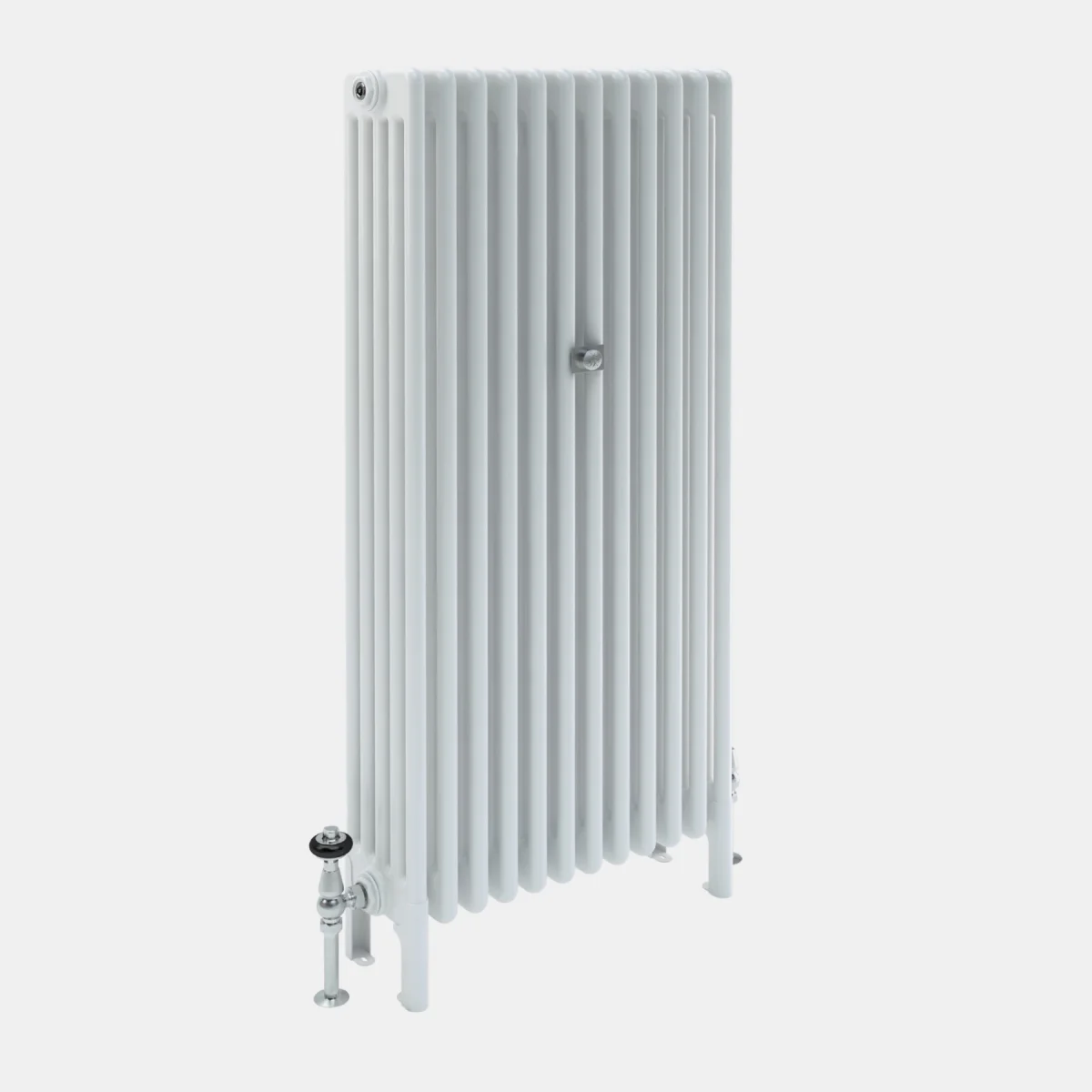 Tall Florence 5 Column steel radiator in white on feet, with a chrome angled valve and a central wall stay, on a plain grey background.