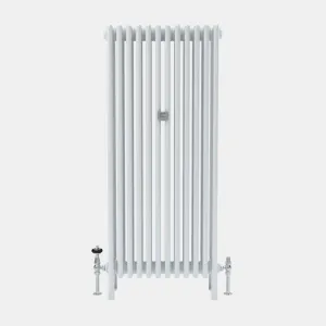 Tall plain Florence 5 Column steel radiator in white on feet, with a central wall stay and chrome valves at each end.