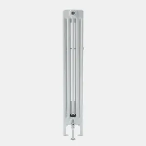 End-on view of a Florence 5 Column steel radiator in white on feet, with a chrome valve below and a bleed valve at the top.