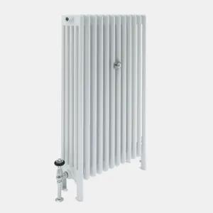 Tall plain Florence 5 Column steel radiator in white on feet, with a chrome valve with black head and a central wall stay, on grey.