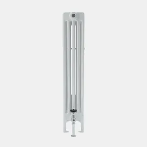 Side view of a tall, plain white Florence 5 Column steel column radiator on feet, with a chrome angled valve and bleed valve, on a grey background.