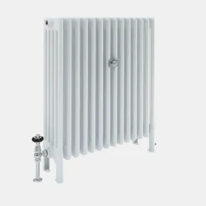Florence 5 Column white steel column radiator on feet, angled view, with a chrome and black valve on the left, on a plain grey background.