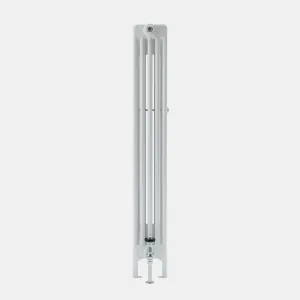 End view of a tall white Florence 5 Column steel radiator on feet, with a chrome valve at the base and a bleed valve at the top.