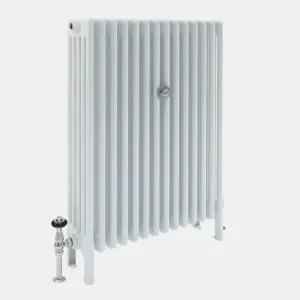 Plain white Florence 5 Column steel radiator on feet, with a chrome thermostatic valve with black head and a chrome wall stay, on grey.