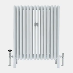 Florence 5 Column plain white steel column radiator on feet, front view, with chrome angled valves either side on a pale grey background.