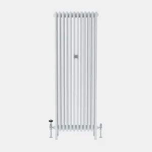 Tall, plain Florence 5 Column steel radiator in white on feet, with chrome valves, a black valve head and a central wall stay.