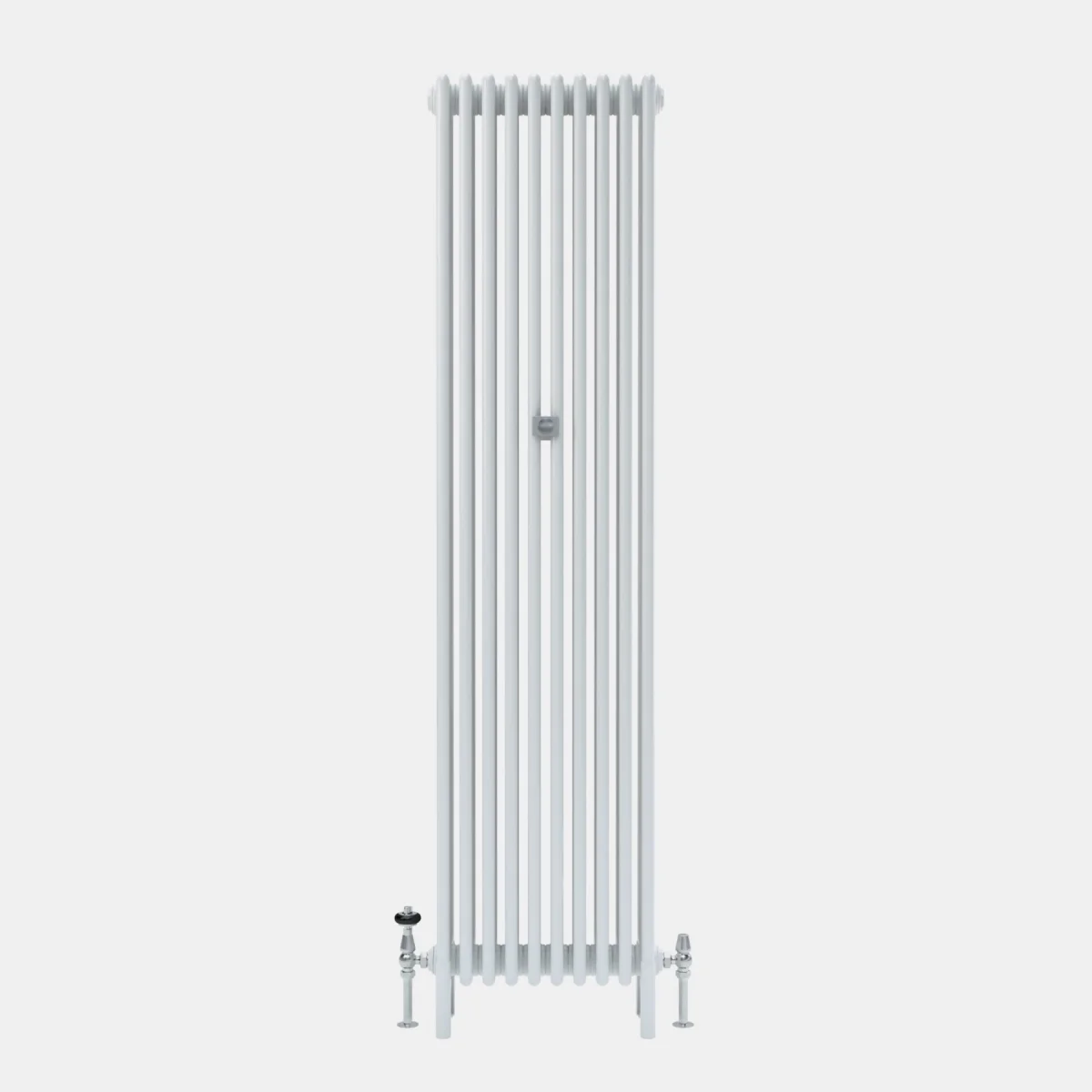 Tall plain Florence 5 Column steel radiator in white on feet, with a central wall stay and chrome valves, on a pale grey background.