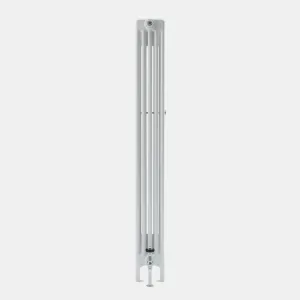 Side view of a tall white Florence 5 Column steel radiator on feet, with a chrome valve at the base and a bleed valve at the top.