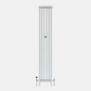 Tall, plain Florence 5 Column steel column radiator in white on feet, with chrome angled valves and a central wall stay.