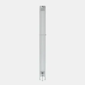 Side view of a tall white Florence 5 Column steel radiator on feet, with a bleed valve at the top and a valve at the base.