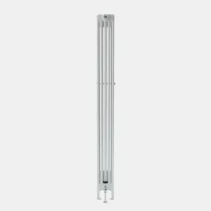 Side view of a tall white Florence 5 Column steel radiator on feet, with a chrome valve at the base, against a plain grey background.