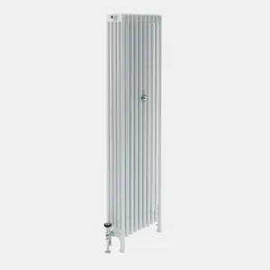 Tall Florence 5 Column steel column radiator in white on feet, with a chrome valve with black head and a chrome wall stay, angled view.