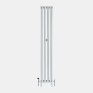 Tall vertical Florence 5 Column steel radiator in white on feet, with a central wall stay and chrome angled valves, one with a black head.