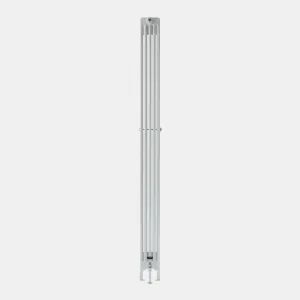 Side view of a tall Florence 5 Column steel radiator in white, standing on feet, with a valve at the base and a central wall stay.