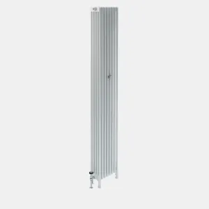 Tall, narrow Florence 5 Column steel radiator in white on feet, with a chrome valve with black head at the base and a wall stay.