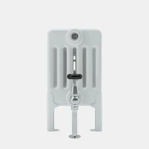 End view of a white Florence 6 Column steel radiator on floor feet, with a chrome valve with black head and a pipe to the floor.