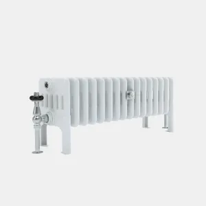 Low Florence 6 column steel radiator in white on feet, with a chrome thermostatic valve with black head and a central wall stay.