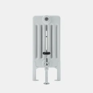 End view of a Florence 6 Column steel radiator in white on feet, with a chrome angled valve with black ring and a chrome floor pipe.
