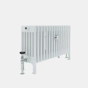 Florence 6 Column steel radiator in white on feet, angled view, with a chrome angled valve with black collar and a central wall stay.