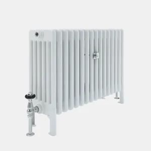 Plain white Florence 6 Column steel radiator on feet, with a chrome valve with black head, a chrome wall stay and a bleed valve.