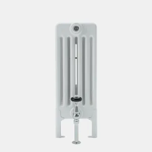 End view of a white Florence 6 Column steel radiator on feet, with a chrome thermostatic valve and pipe running down to the floor.