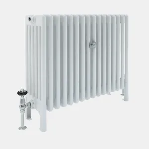 Florence 6 Column plain steel column radiator in white on feet, with a chrome angled valve and a chrome wall stay, on a grey background.