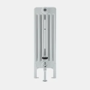 End view of a white Florence 6 Column steel radiator on feet, with a chrome valve and floor pipe below and a bleed plug at the top.