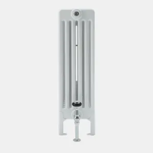 End view of a white Florence 6 Column steel radiator on feet, with a chrome valve with black head at the base and a bleed valve at the top.