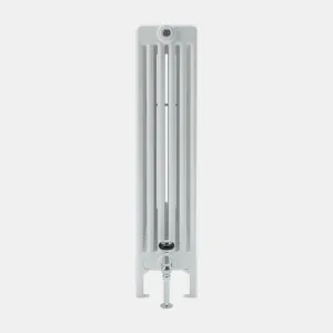 End view of a plain white Florence 6 Column steel radiator on feet, with a chrome angled valve at the base and a bleed valve at the top.