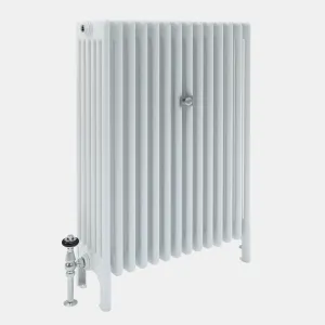 Florence 6 Column steel radiator in white with plain columns on feet, a chrome angled valve and a central stay, on a pale grey background.