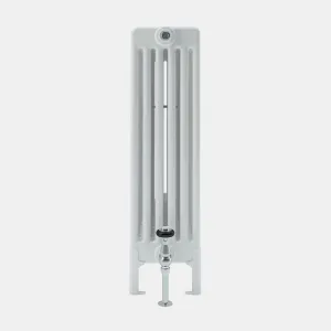 End view of a Florence 6 Column steel radiator in white, standing on feet, with a chrome valve at the base and a bleed valve at the top.