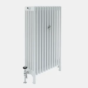 Florence 6 Column steel radiator in white, plain tall columns on feet, with a chrome angled valve, shown at an angle on a grey background.
