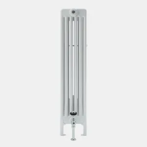 End view of a white Florence 6 Column steel column radiator on feet, with a chrome valve at the base and a bleed valve at the top.