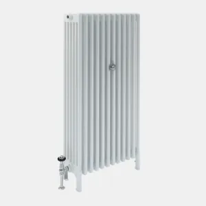 Tall white Florence 6 Column steel radiator on feet, with a chrome valve and black head at the base and a wall stay, on a plain grey background.