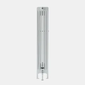Side view of a tall white Florence 6 Column steel radiator standing on feet, with a chrome valve at the base and a bleed valve at the top.