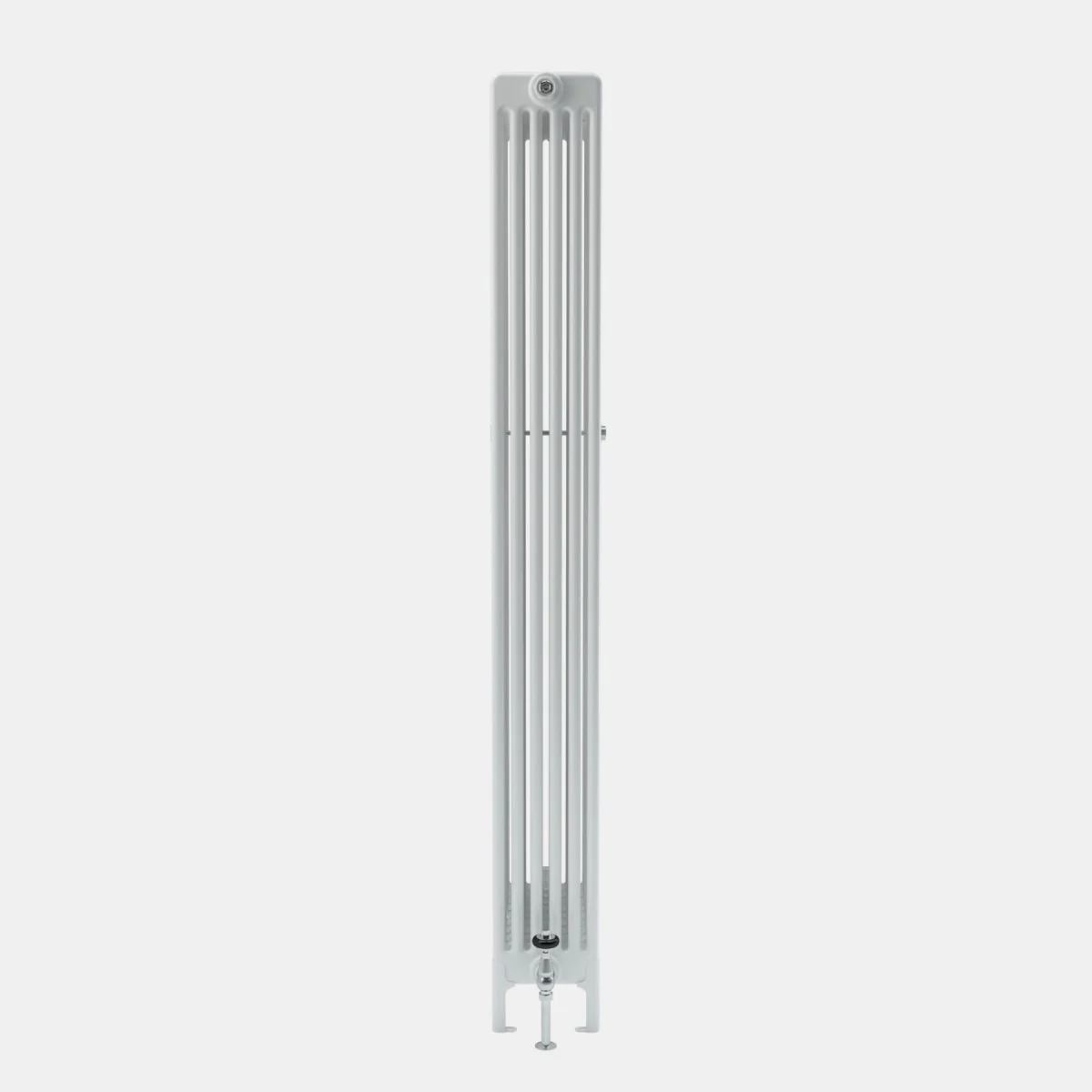 Tall white Florence 6 Column steel radiator seen end-on, standing on feet, with a wall stay halfway up and a chrome valve underneath.