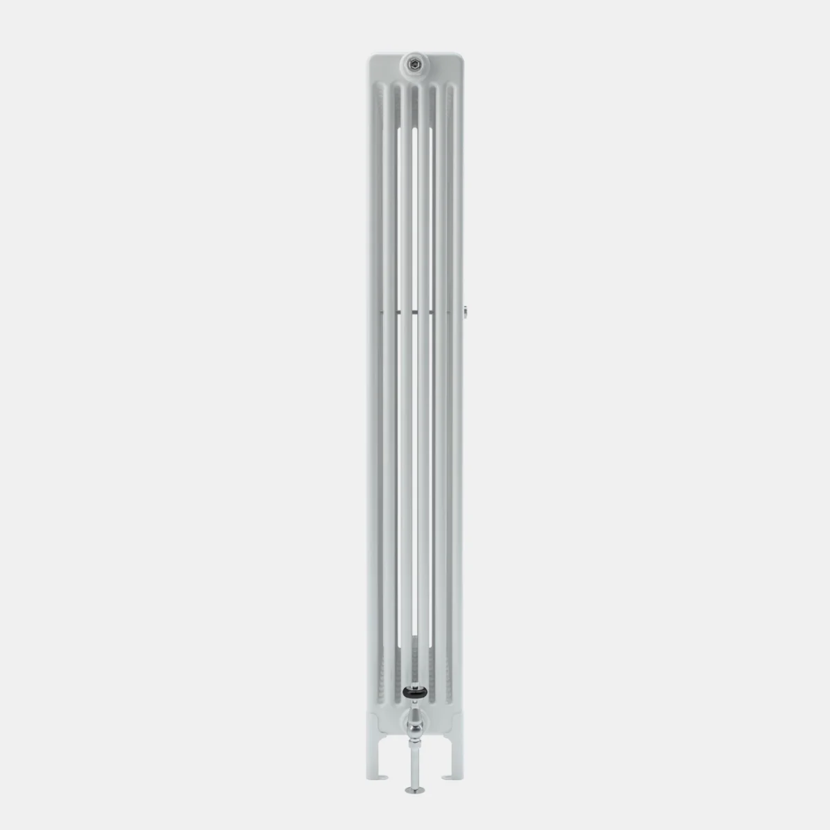 Side view of a tall white Florence 6 Column steel radiator on feet, with a chrome valve at the base and a bleed valve at the top.