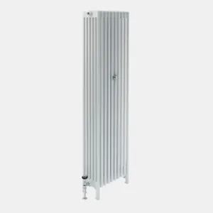 Tall Florence 6 Column steel radiator in white on feet, with a chrome angled valve with black head at the lower left, on a plain grey background.