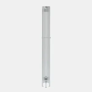 Side view of a tall, narrow white Florence 6 Column steel radiator on feet, with a chrome valve at the base and a bleed valve at the top.